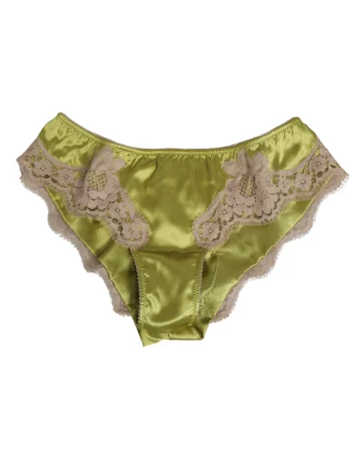 Green Silk Satin Floral Lace Trim Panty Underwear