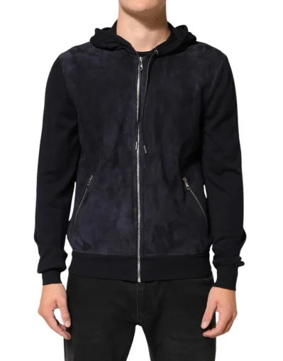 Black Leather Full Zip Hooded Blouson Jacket