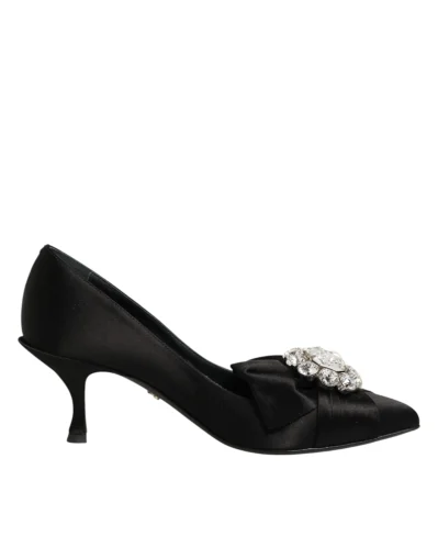 Black Satin Bow Crystal Embellishment Pumps Shoes