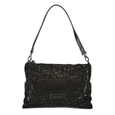 Black Polyester Women Handbag with Rhinestone Details