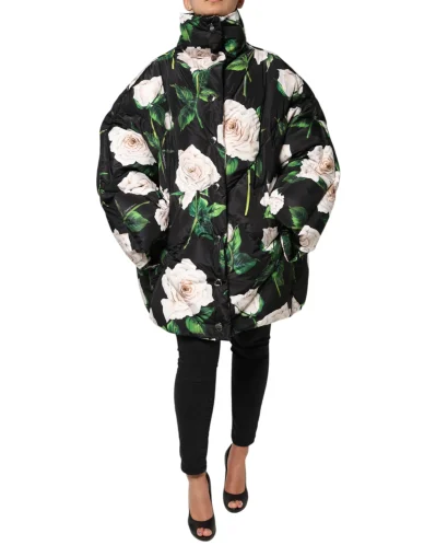 Black Floral Print Puffer Quilted Jacket