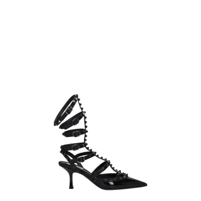 Black Leather Stiletto Heel Sandals