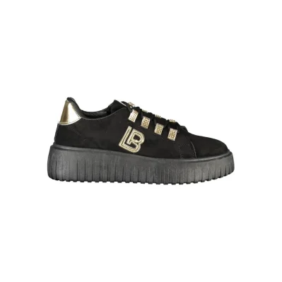 Black Polyester Women Sneaker with Gold Detail and Rhinestone Accents