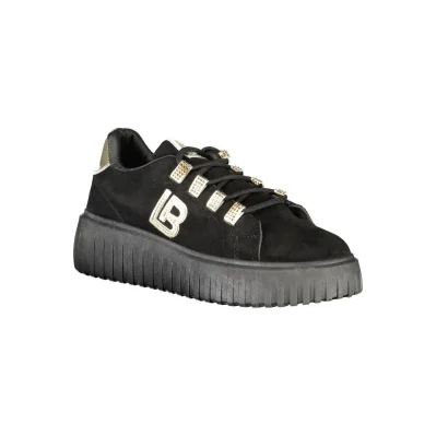 Black Polyester Women Sneaker with Gold Detail and Rhinestone Accents