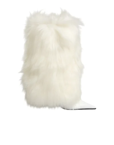 White Fur Pointed Knee High Stiletto Boots Shoes