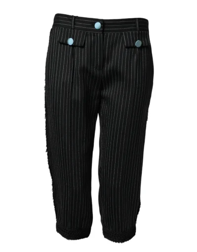 Black Wool Stripes Cropped Trouser Pants
